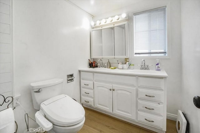 bathroom featuring double vanity, wood finished floors, a sink, and toilet