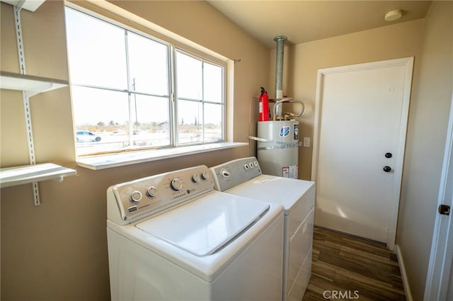 58168 Canterbury St, Yucca Valley, CA 92284 - washroom featuring water heater, washing machine and clothes dryer, and dark wood-style flooring