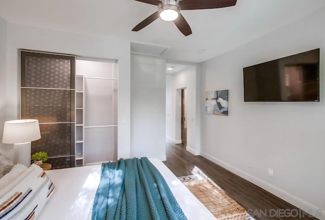 bedroom featuring ceiling fan and dark hardwood / wood-style floors