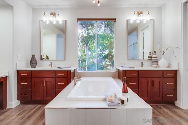 bathroom featuring a bathing tub, hardwood / wood-style floors, vanity, and a healthy amount of sunlight