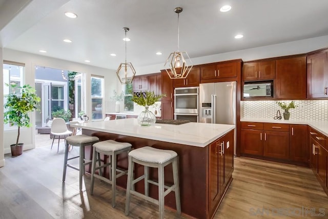 kitchen with hanging light fixtures, stainless steel appliances, a wealth of natural light, and light hardwood / wood-style flooring