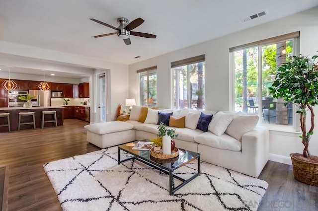 living room with a wealth of natural light, ceiling fan, and dark hardwood / wood-style floors