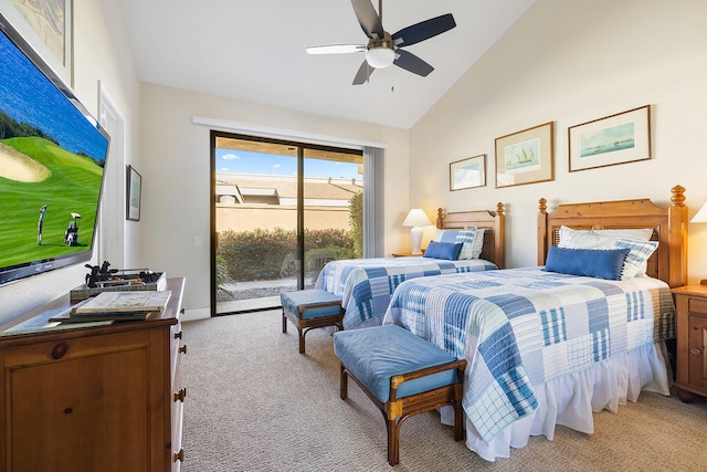 carpeted bedroom with access to exterior, ceiling fan, and high vaulted ceiling