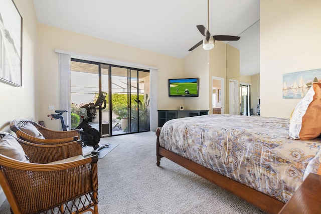 bedroom with access to exterior, carpet, high vaulted ceiling, and ceiling fan