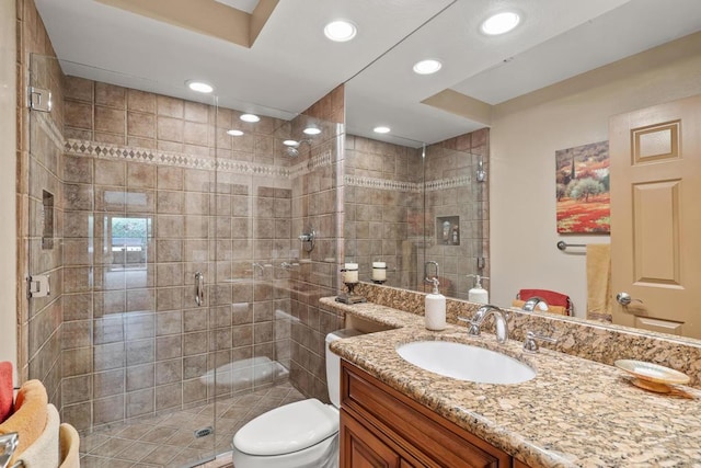 bathroom with vanity, toilet, and walk in shower