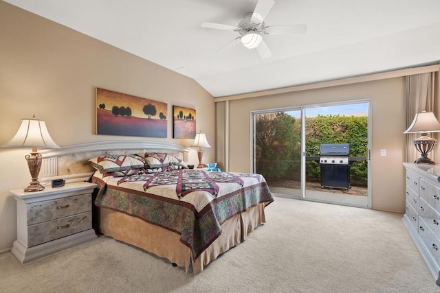 bedroom featuring ceiling fan, light colored carpet, lofted ceiling, and access to outside