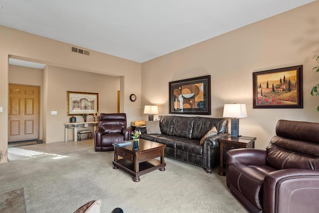 living room with light colored carpet