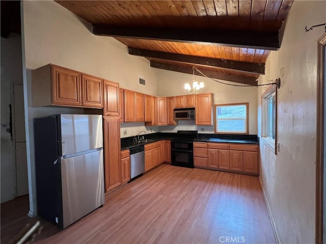 kitchen featuring a chandelier, stainless steel appliances, light hardwood / wood-style flooring, and wooden ceiling