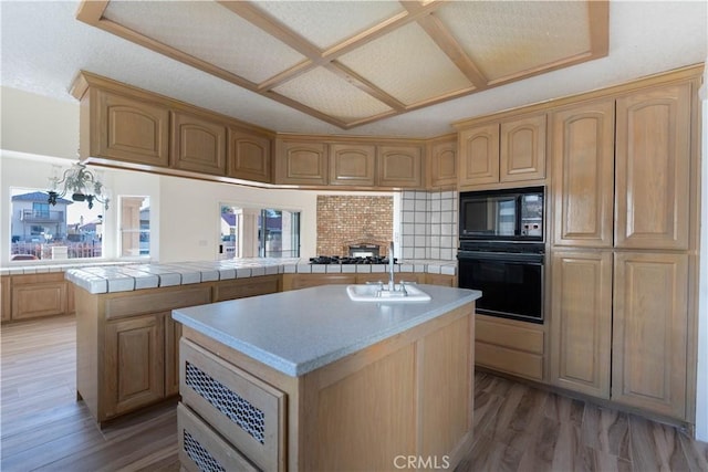 kitchen with a center island, light wood-type flooring, a peninsula, black appliances, and a sink