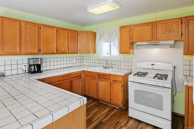 kitchen featuring white gas stove, under cabinet range hood, a sink, dark wood-style floors, and tasteful backsplash