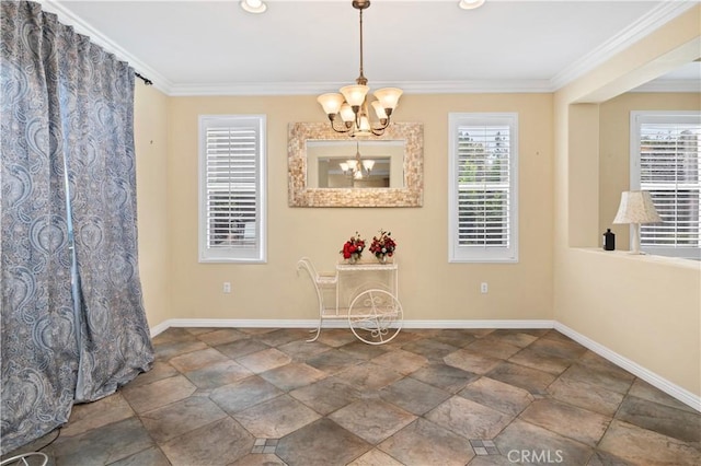 unfurnished dining area with an inviting chandelier and ornamental molding