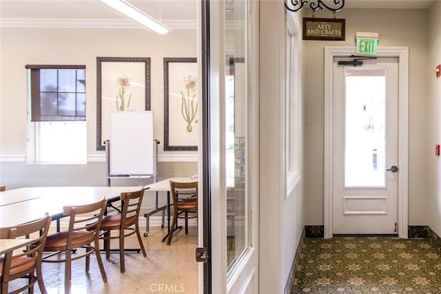 entryway featuring ornamental molding and plenty of natural light