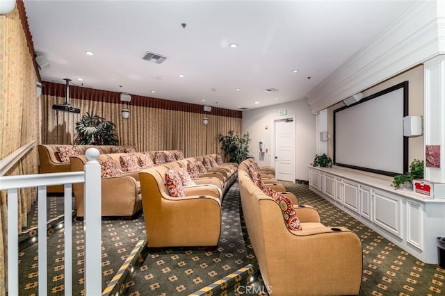 home theater with carpet floors, visible vents, and recessed lighting