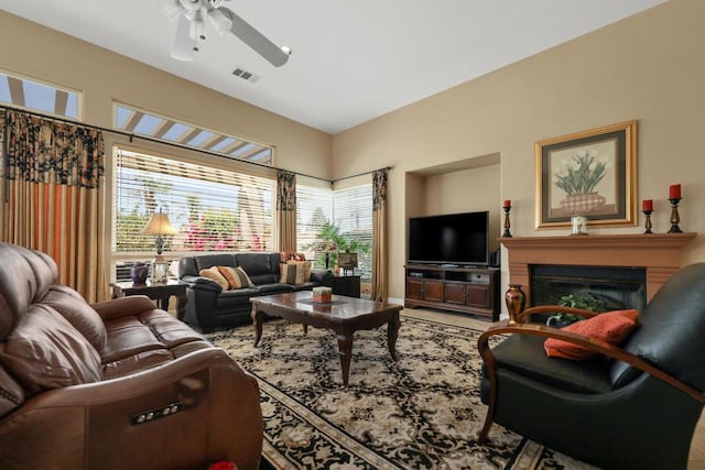 living room featuring ceiling fan