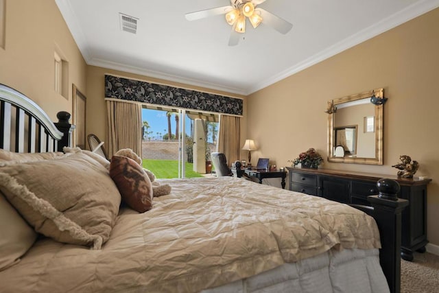 bedroom with ceiling fan, ornamental molding, access to exterior, and carpet floors