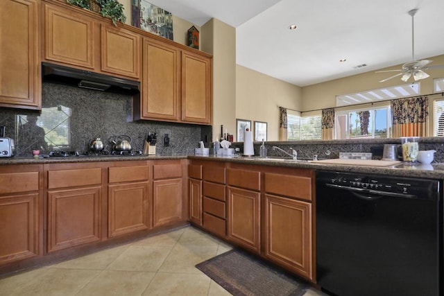 kitchen featuring ceiling fan, backsplash, black appliances, light tile patterned flooring, and exhaust hood