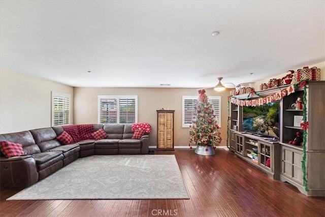 living room with dark wood-type flooring