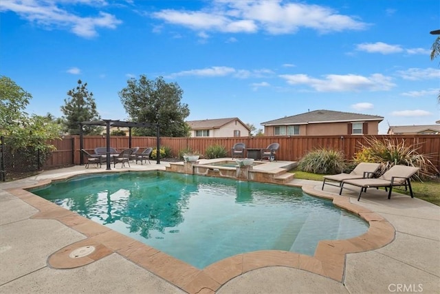 view of swimming pool featuring an in ground hot tub, a pergola, and a patio