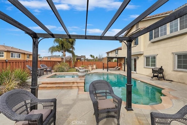 view of pool featuring an in ground hot tub, a patio, a pergola, and area for grilling