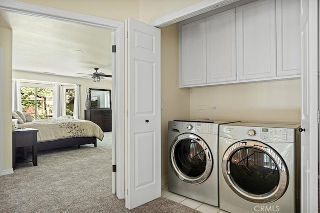 28670 Shenandoah Dr, Lake Arrowhead, CA 92352 - laundry area with washing machine and dryer, cabinet space, light colored carpet, and ceiling fan