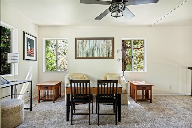 28670 Shenandoah Dr, Lake Arrowhead, CA 92352 - dining space featuring carpet flooring, ceiling fan, and plenty of natural light