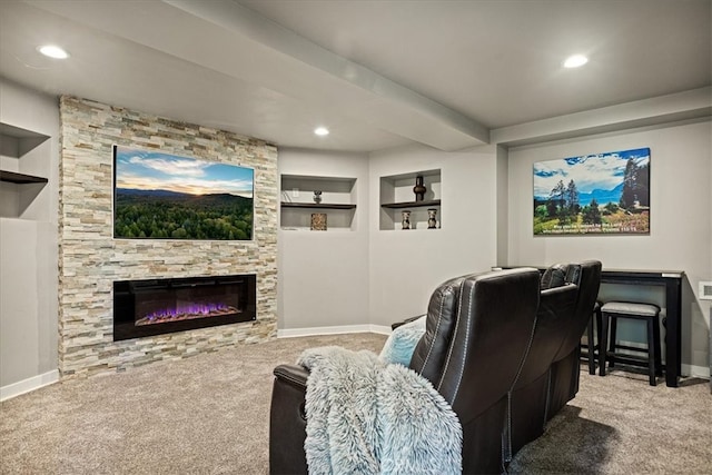28670 Shenandoah Dr, Lake Arrowhead, CA 92352 - carpeted home theater featuring recessed lighting, a fireplace, and built in features