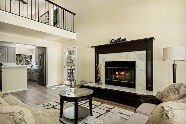 28670 Shenandoah Dr, Lake Arrowhead, CA 92352 - living area featuring healthy amount of natural light, light wood-type flooring, and a premium fireplace
