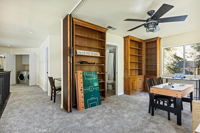 28670 Shenandoah Dr, Lake Arrowhead, CA 92352 - office with washing machine and clothes dryer, carpet floors, and a ceiling fan
