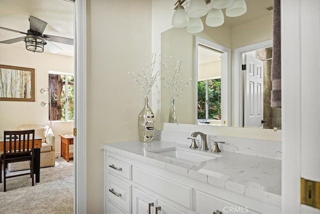 28670 Shenandoah Dr, Lake Arrowhead, CA 92352 - bathroom featuring vanity, plenty of natural light, and a ceiling fan