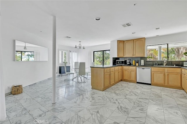 kitchen with plenty of natural light, stainless steel appliances, light brown cabinets, and sink