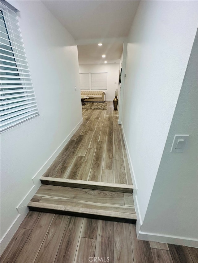 staircase featuring wood-type flooring