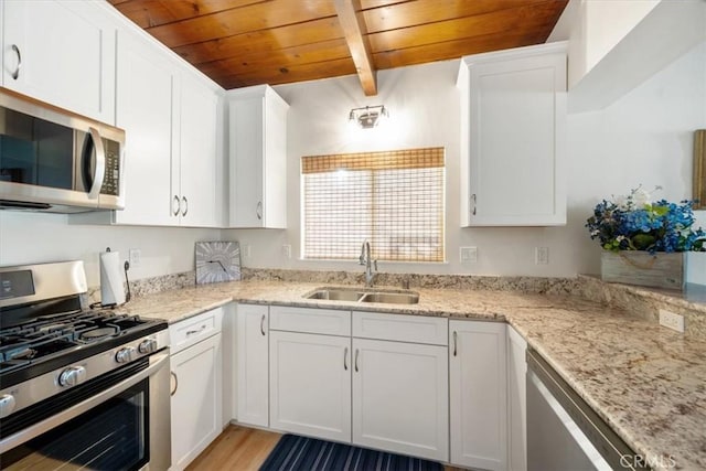 kitchen with appliances with stainless steel finishes, wood ceiling, sink, beamed ceiling, and white cabinetry