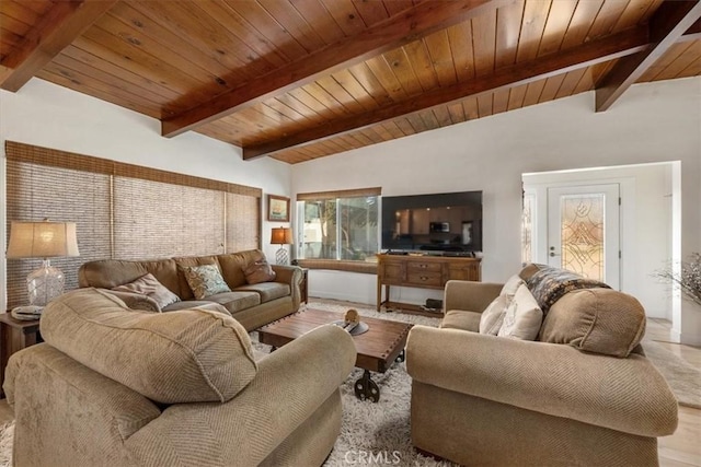 living room featuring lofted ceiling with beams, light hardwood / wood-style floors, and wooden ceiling