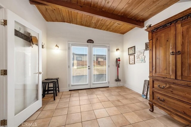 doorway featuring wooden ceiling, french doors, light tile patterned flooring, and lofted ceiling with beams