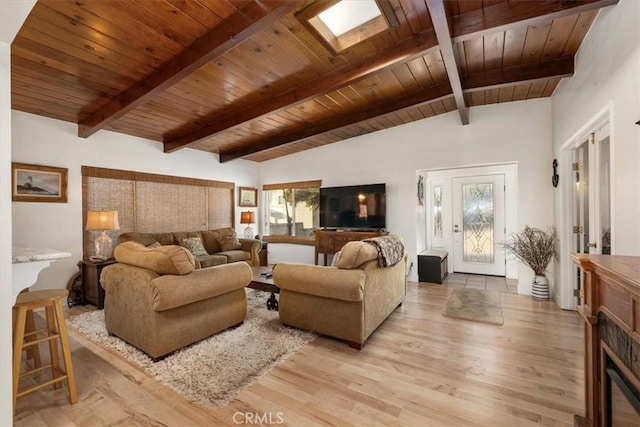 living room with light hardwood / wood-style floors, wooden ceiling, and vaulted ceiling with skylight