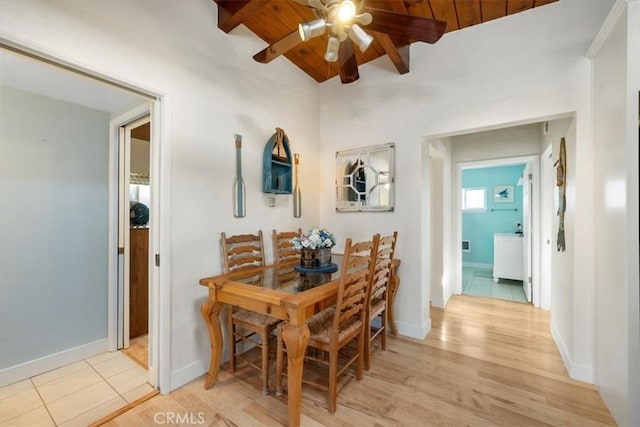 dining room with vaulted ceiling with beams, light wood-type flooring, ceiling fan, and wood ceiling