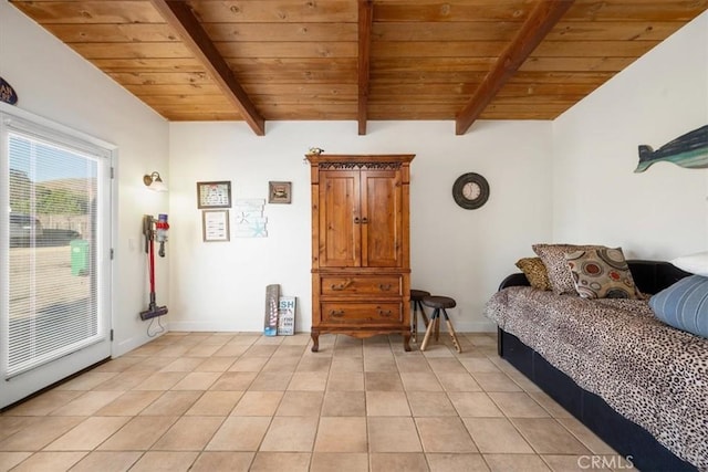 tiled bedroom with beam ceiling and wood ceiling