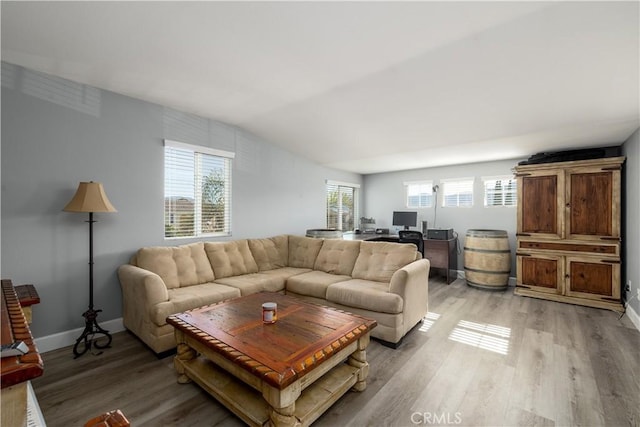 living room featuring wood-type flooring, plenty of natural light, and lofted ceiling