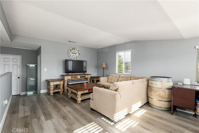 living room with wood-type flooring and vaulted ceiling