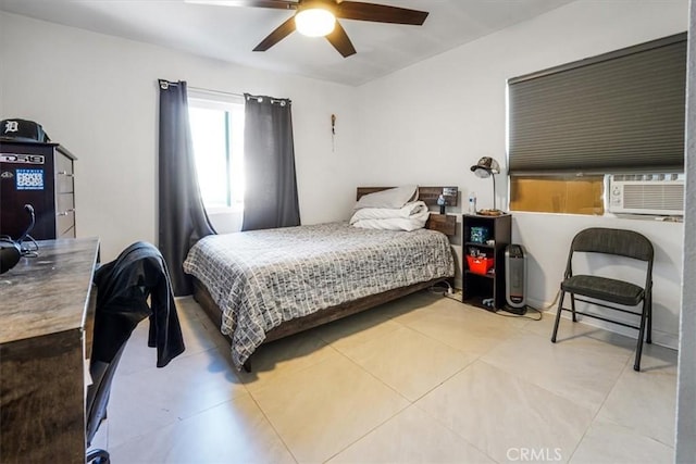 bedroom featuring ceiling fan, light tile patterned floors, and cooling unit