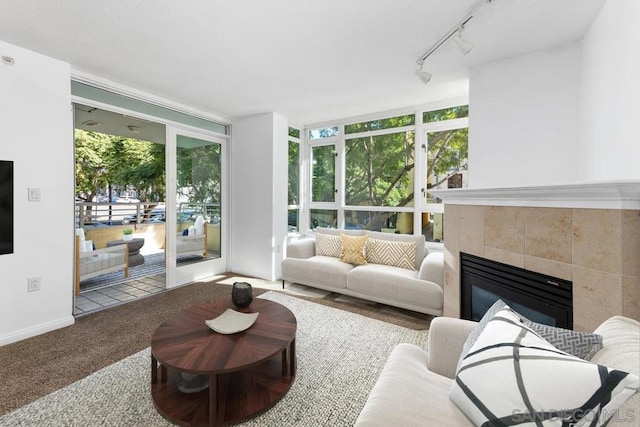 sunroom with a fireplace, rail lighting, and a healthy amount of sunlight