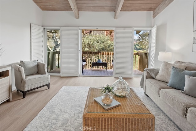 living room with a wealth of natural light and wood ceiling