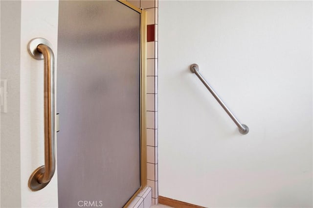 interior details featuring a shower with shower door