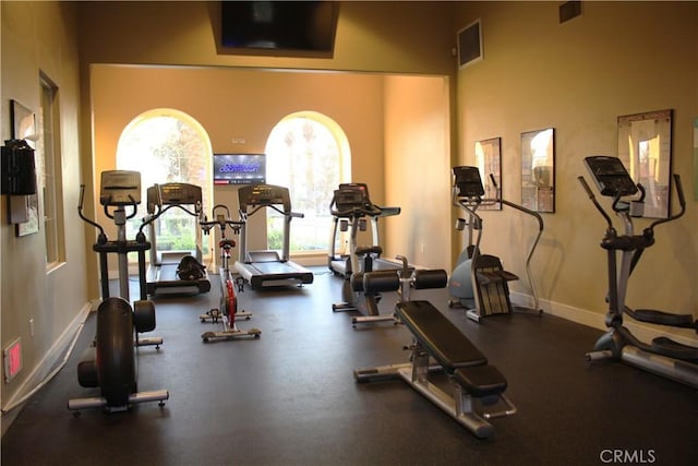 workout area with a high ceiling and plenty of natural light