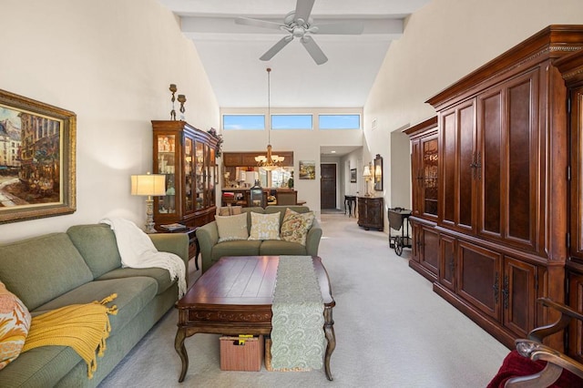 living room featuring beamed ceiling, ceiling fan with notable chandelier, light carpet, and high vaulted ceiling