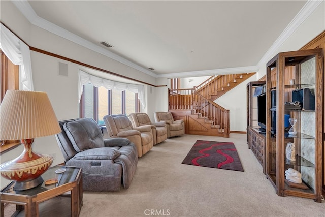 carpeted living room featuring ornamental molding