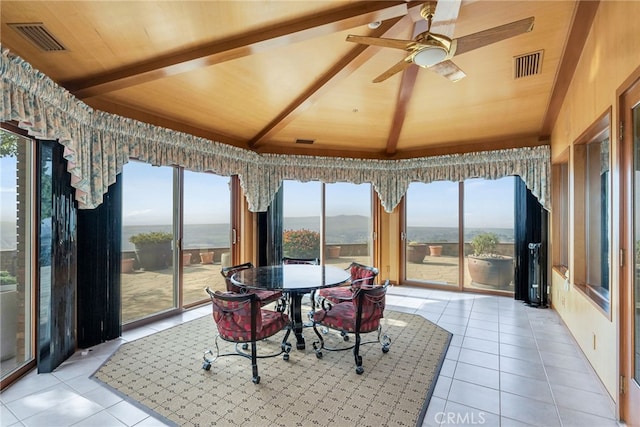 sunroom / solarium featuring lofted ceiling with beams, ceiling fan, a water view, and wood ceiling