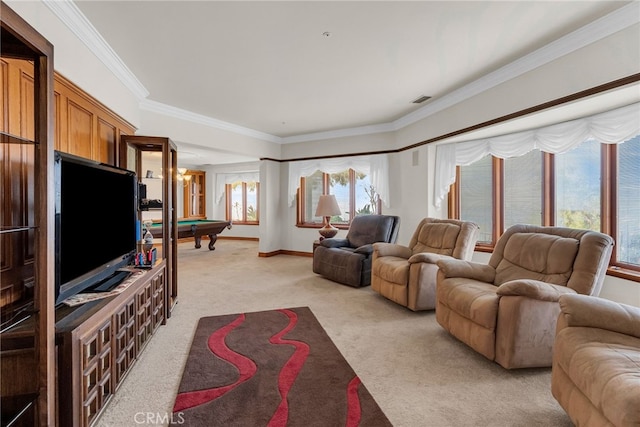 living room featuring light colored carpet, crown molding, and billiards