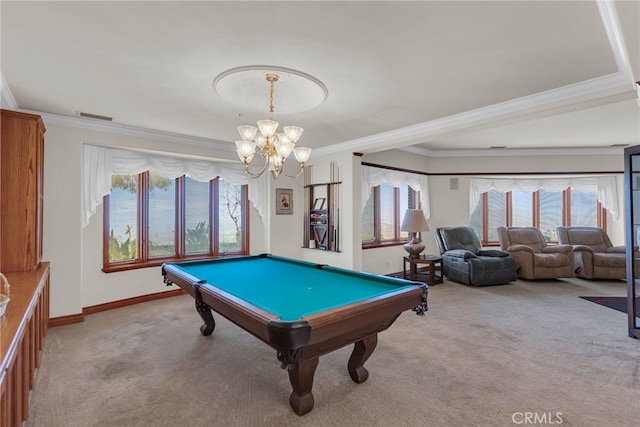 game room featuring a healthy amount of sunlight, crown molding, pool table, and an inviting chandelier