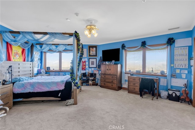 carpeted bedroom featuring multiple windows and ornamental molding